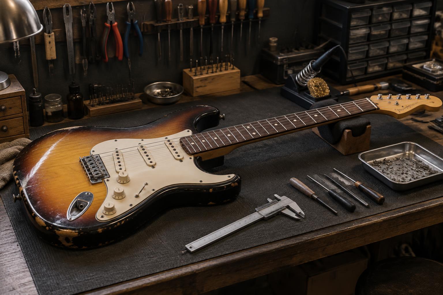 Sunburst electric guitar on a technician’s repair bench